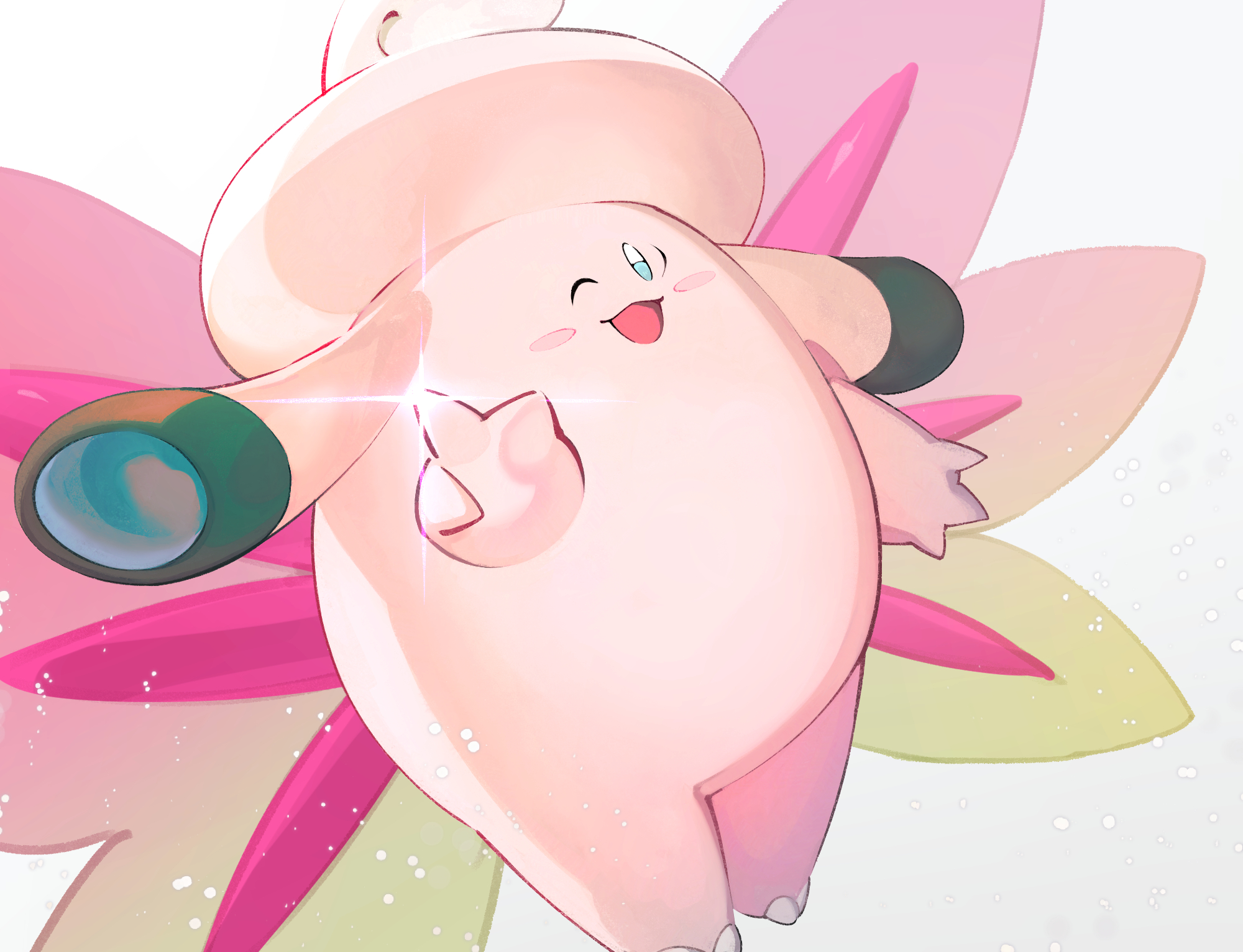 teo (telo ruka), clefable, mega clefable, nintendo, pokemon, commentary request, highres, ;d, blush stickers, gen 1 pokemon, green eyes, hand up, happy, one eye closed, open mouth, pokemon (creature), pokemon focus, simple background, smile, solo, white background