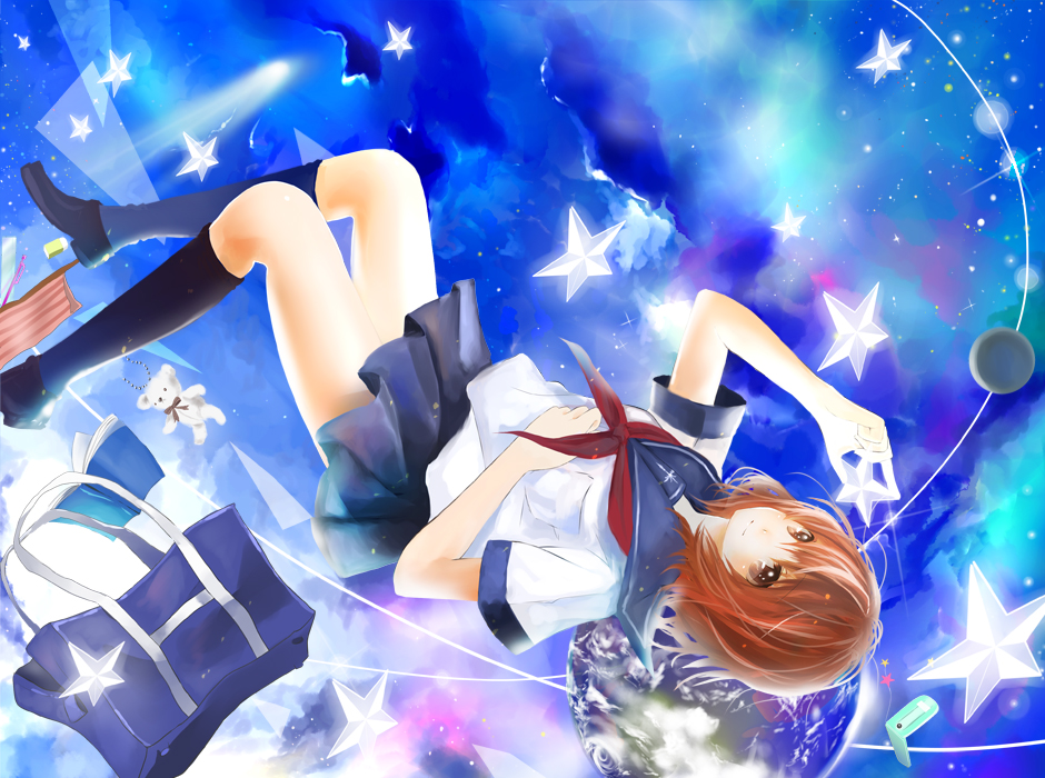 nagata ozu, original, bad id, bad pixiv id, bag, brown hair, cellphone, earth (planet), phone, planet, satchel, school uniform, short hair, skirt, sky, smile, socks, solo, space, star (symbol)