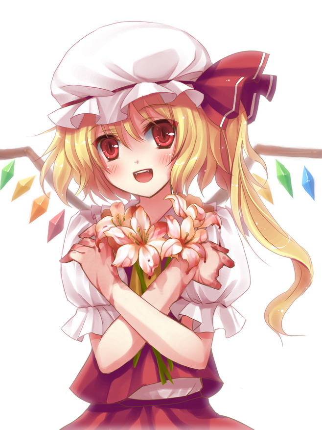 rie (reverie), flandre scarlet, touhou, 1girl, blonde hair, blood, fangs, female focus, flower, hat, hugging object, open mouth, ponytail, red eyes, short hair, short hair with long locks, side ponytail, simple background, slit pupils, smile, solo, upper body, wings