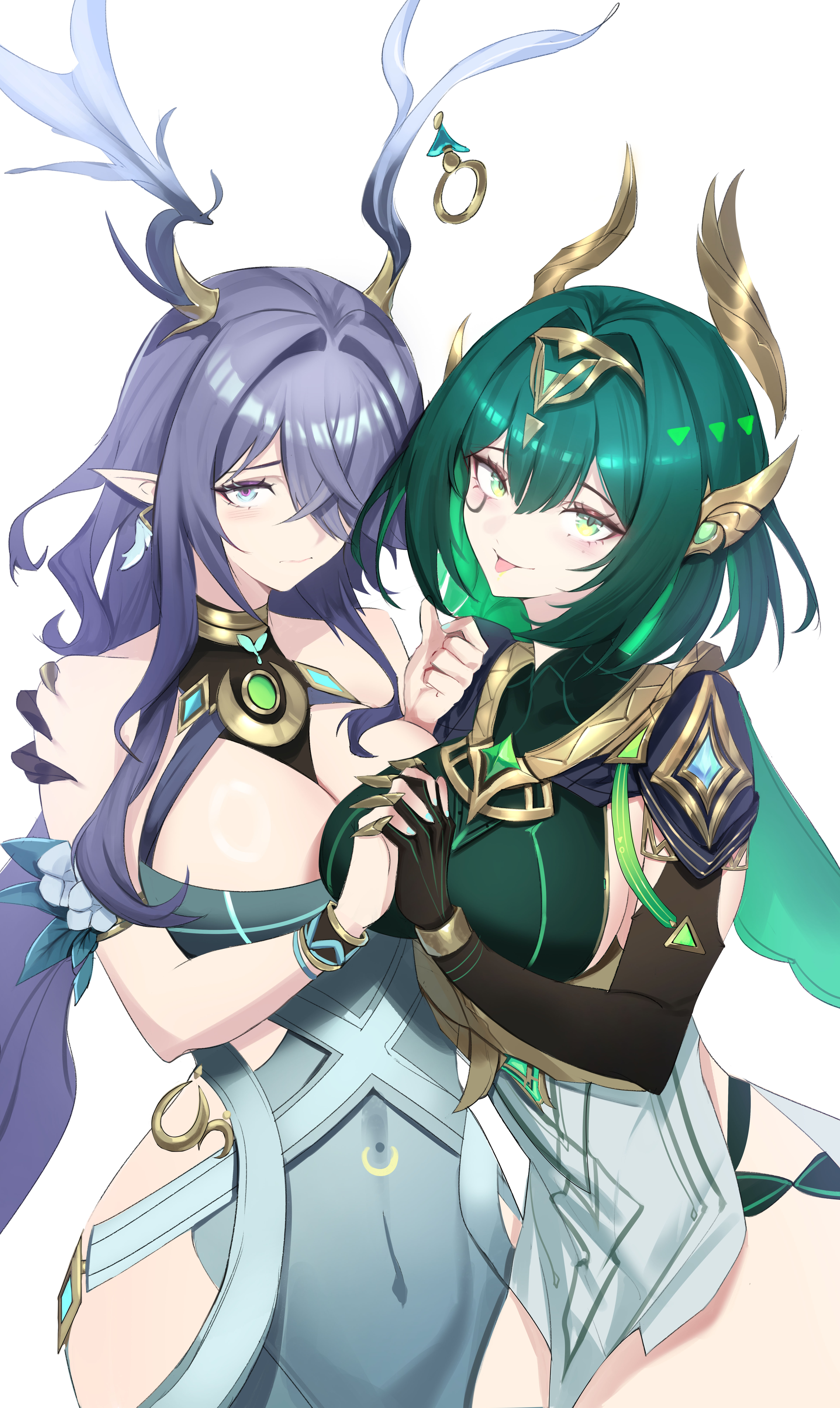 qishier shi ya tuo, lauma (genshin impact), nefer (genshin impact), genshin impact, absurdres, highres, 2girls, :p, antlers, bare shoulders, black gloves, breasts, cleavage, closed mouth, cowboy shot, deer antlers, dress, earrings, elbow gloves, facial mark, gloves, green eyes, green hair, grey dress, hair between eyes, hair intakes, hair ornament, hair over one eye, hand on another's shoulder, headgear, horns, interlocked fingers, jewelry, large breasts, long hair, looking at viewer, mark under eye, medium hair, multiple girls, pointy ears, purple hair, sidelocks, simple background, tongue, tongue out, very long hair, white background