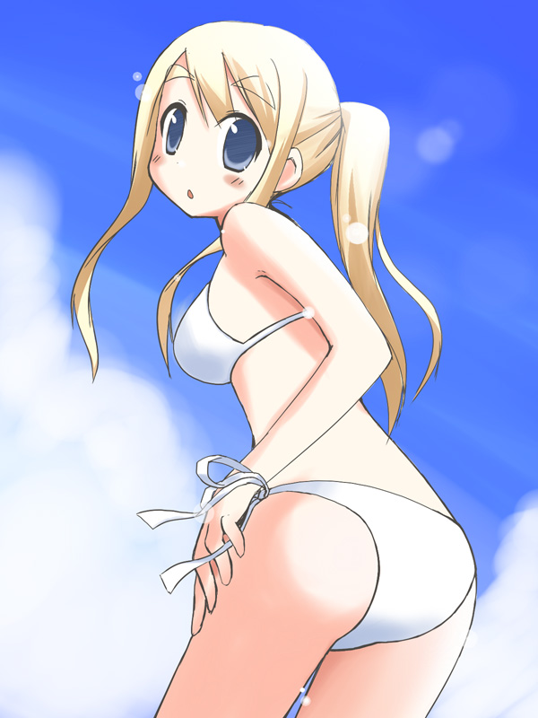 minidraco, kotobuki tsumugi, k-on!, bad id, bad pixiv id, 00s, 1girl, ass, bikini, blonde hair, blue eyes, breasts, female focus, long hair, looking back, outdoors, ponytail, sky, solo, swimsuit, white bikini