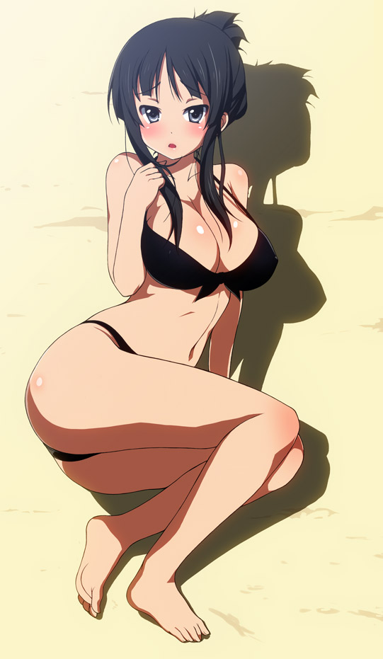 kyoku tou, akiyama mio, k-on!, 00s, 1girl, alternate hairstyle, barefoot, bikini, black bikini, black eyes, black hair, feet, female focus, lying, on side, solo, swimsuit