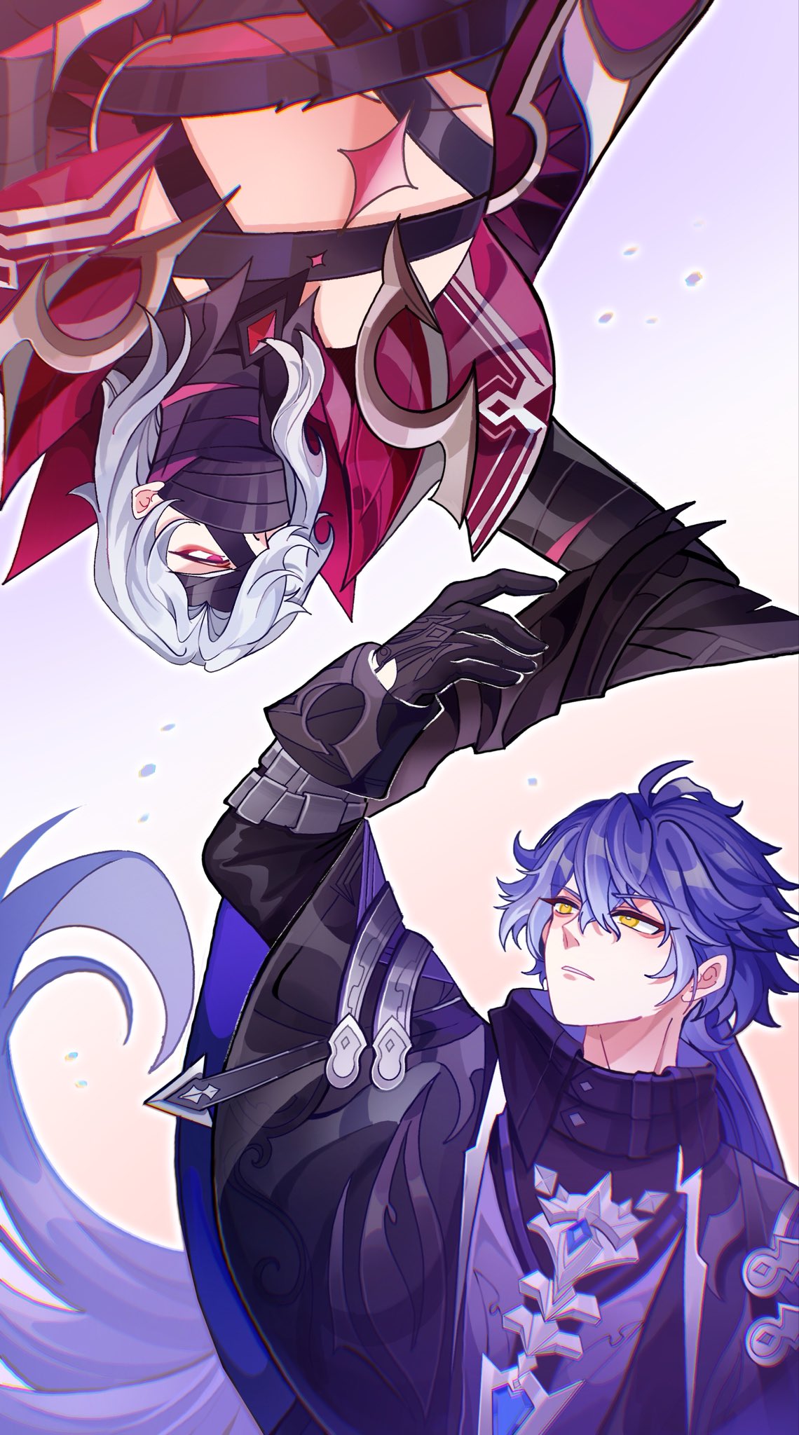 flins (genshin impact), rerir (genshin impact), genshin impact, highres, 2boys, bandage over one eye, bandaged arm, bandaged chest, bandaged head, bandaged neck, bandages, black coat, black gloves, cape, coat, collared coat, crossed bangs, gem, gloves, grey hair, hair over one eye, long hair, looking at another, looking down, looking up, multiple boys, purple hair, red cape, red eyes, red gemstone, short hair, viviwi, yellow eyes