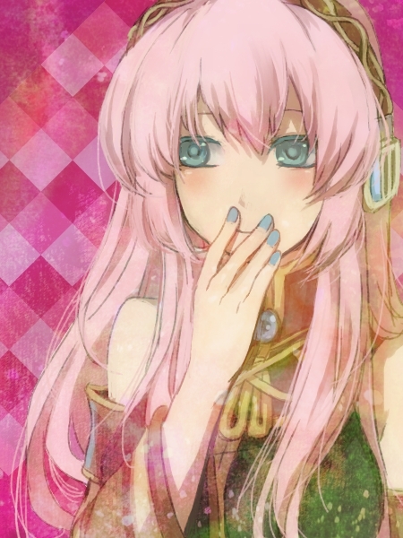 haru ion, oharu, megurine luka, vocaloid, bad id, bad pixiv id, 1girl, blue eyes, covering own mouth, female focus, hand over mouth, hand over own mouth, headphones, long hair, pink hair, solo