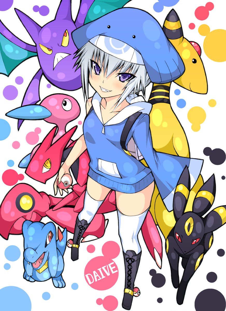 daive, ampharos, crobat, porygon2, scizor, totodile, umbreon, wailmer, nintendo, pixiv trainer, pokemon, pokemon gsc, pokemon rse, silver hair, bad id, bad pixiv id, highres, 00s, 1990s (style), 1girl, blue beak, blush, boots, costume, gen 2 pokemon, gen 3 pokemon, grin, hat, holding, holding poke ball, poke ball, pokemon (creature), purple eyes, retro artstyle, short hair, smile, sweater, thighhighs, white thighhighs, zettai ryouiki