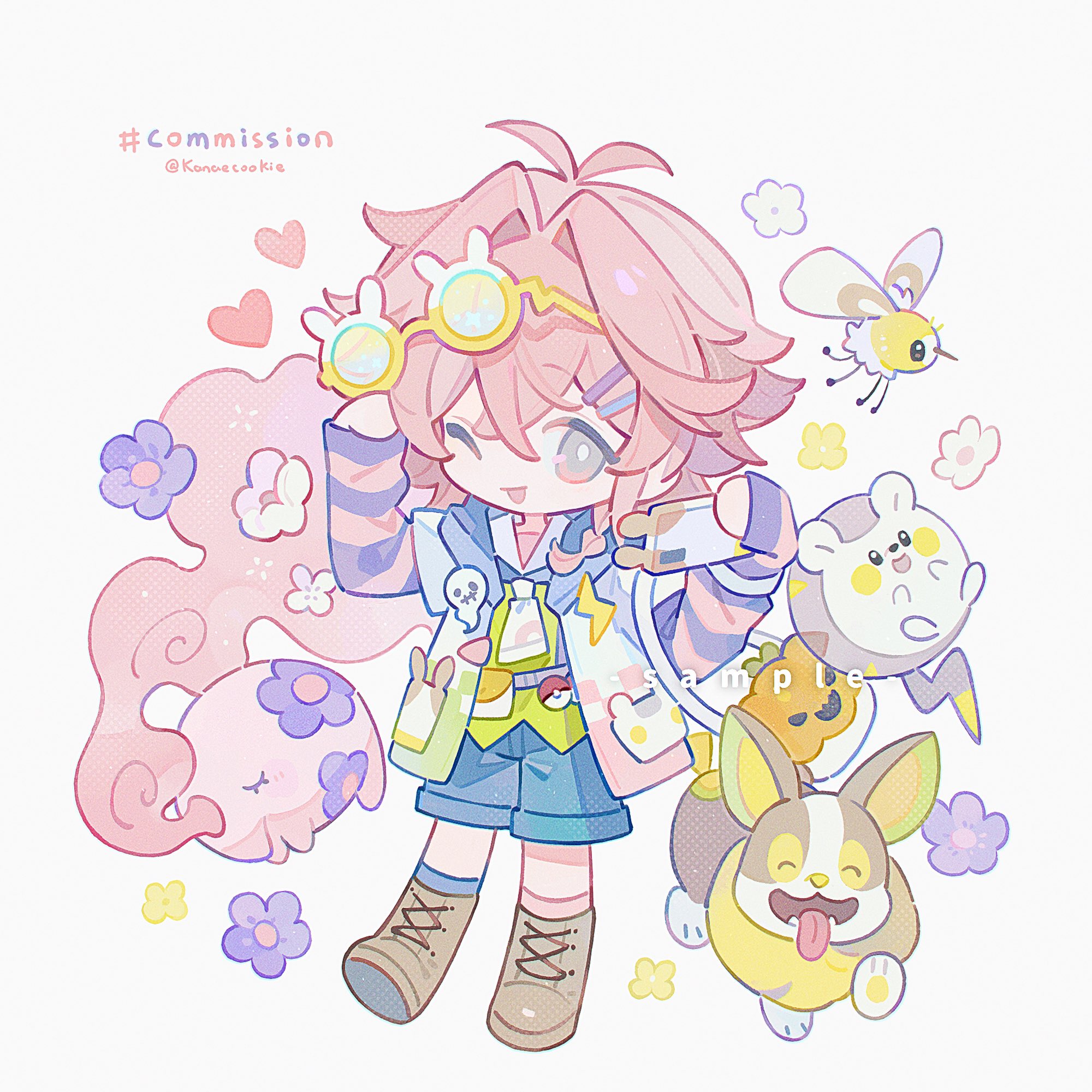 kanae (cookie), cutiefly, munna, togedemaru, yamper, nintendo, original, pokemon, highres, 1girl, ;d, antenna hair, asymmetrical legwear, blue shorts, boots, brown boots, eyewear on head, full body, gen 5 pokemon, gen 7 pokemon, gen 8 pokemon, green shirt, grey eyes, hair intakes, holding, holding phone, jacket, lace-up boots, layered sleeves, long sleeves, looking at viewer, mismatched legwear, one eye closed, open clothes, open jacket, open mouth, phone, pink hair, pink jacket, pokemon (creature), shirt, short hair, short over long sleeves, short sleeves, shorts, simple background, smile, solo, standing, striped sleeves, white background