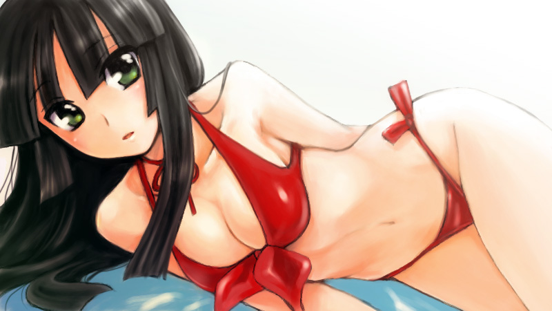 hikabe sakuho, shinozuka arashi, gad guard, 00s, 1girl, bare shoulders, bikini, black hair, blush, breasts, cleavage, collarbone, female focus, green eyes, hime cut, hip focus, long hair, lying, navel, on side, red bikini, side-tie bikini bottom, solo, swimsuit
