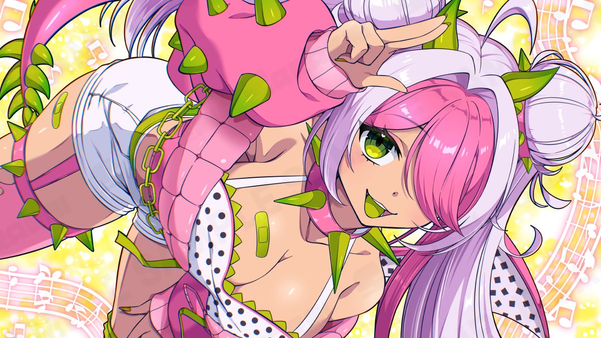 saraemi, smolsira, indie virtual youtuber, 1girl, 2025, ahoge, bandaid, double bun, dragon girl, green eyes, hair bun, musical note, pink hair, solo