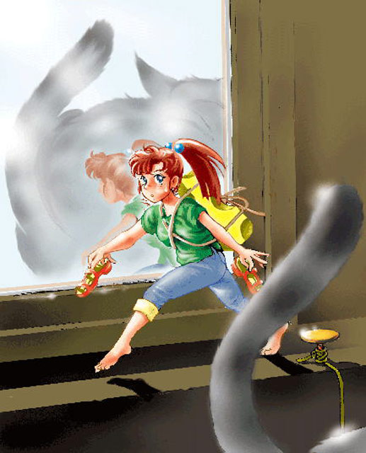 tagme, 1girl, barefoot, blue eyes, brown hair, cat, mini person, minigirl, ponytail