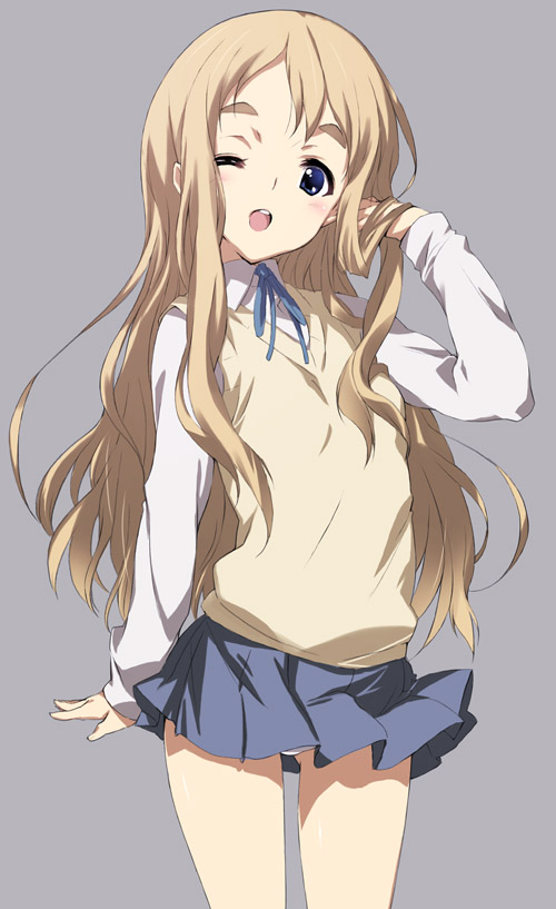 kawata hisashi, kotobuki tsumugi, k-on!, eyebrows, 00s, 1girl, ;o, female focus, long hair, one eye closed, open mouth, panties, school uniform, solo, sweater vest, underwear, white panties, wink