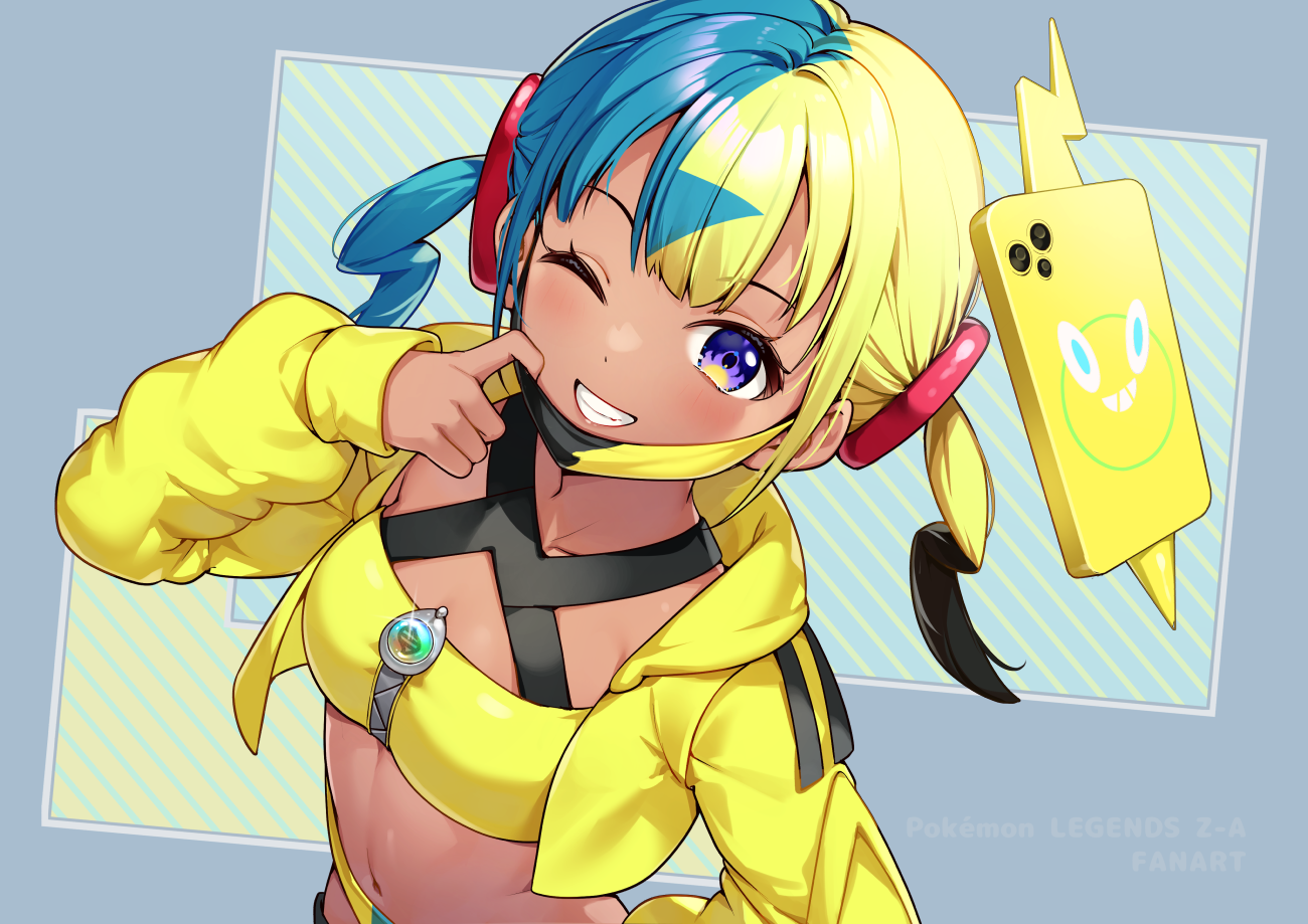bon (bonbon315), canari (pokemon), rotom, rotom phone, nintendo, pokemon, pokemon legends: z-a, commentary request, 1girl, bandeau, blue eyes, cropped jacket, eyelashes, gen 4 pokemon, grin, hand up, happy, hood, hood down, hooded jacket, jacket, looking at viewer, mask, mask pull, mouth mask, multicolored hair, navel, one eye closed, open clothes, open jacket, short twintails, smile, teeth, twintails, yellow bandeau, yellow jacket, zipper, zipper pull tab