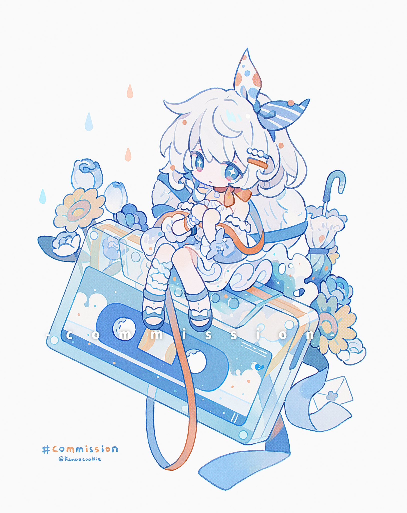 kanae (cookie), original, commission, highres, + +, 1girl, bare shoulders, blue eyes, blue hairband, blue sandals, blue sleeves, blue umbrella, bow hairband, cassette tape, chibi, chibi only, choker, detached sleeves, dress, full body, hair ornament, hairband, hairclip, long hair, long sleeves, parallel hairclips, parted lips, red choker, sandals, simple background, sitting, sleeveless, sleeveless dress, solo, twitter username, umbrella, white background, white dress, white hair