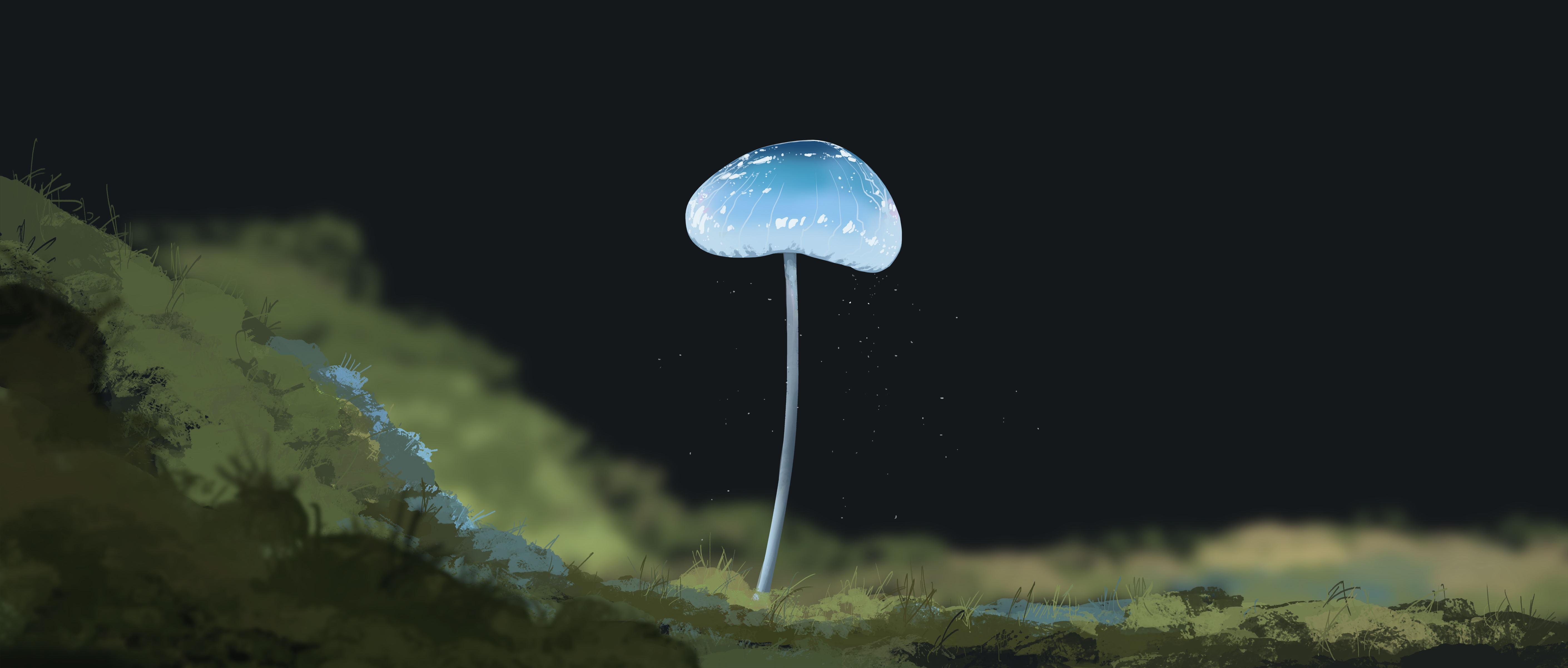 gracile, original, absurdres, highres, blurry, blurry background, depth of field, glowing, glowing mushroom, moss, mushroom, no humans, spores