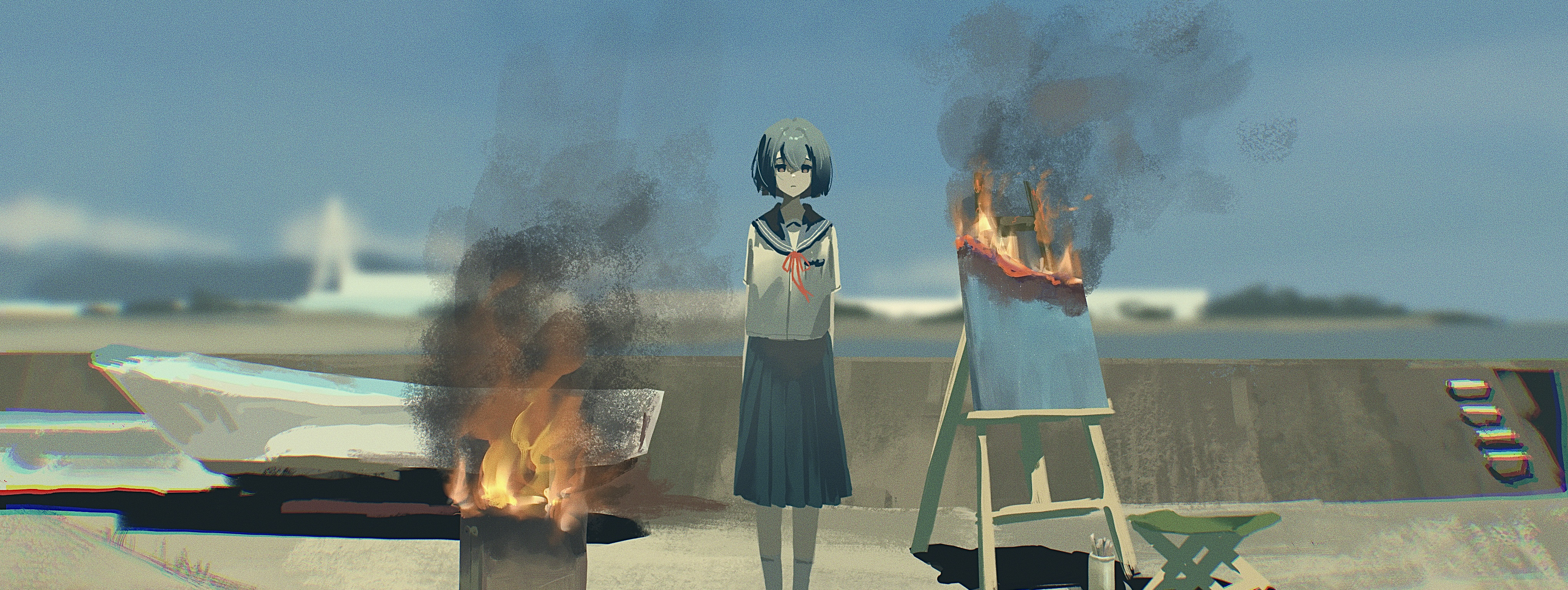 medamayaki27760, original, absurdres, highres, 1girl, arms behind back, blue hair, blue sailor collar, blue skirt, blurry, blurry background, burning, canvas (object), easel, expressionless, fire, folding stool, medium skirt, outdoors, pleated skirt, sailor collar, school uniform, serafuku, shirt, short sleeves, skirt, smoke, solo, standing, white shirt