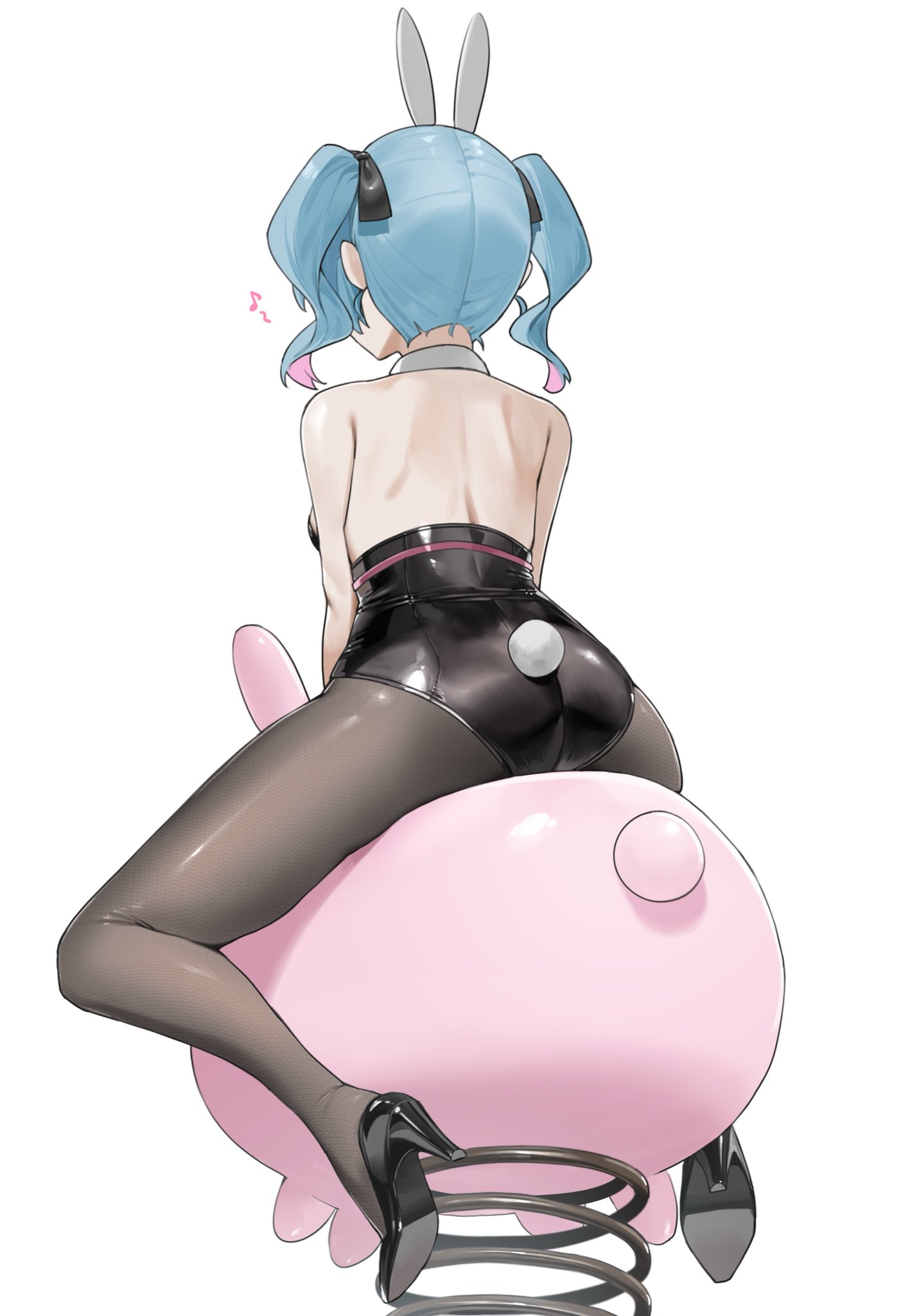 hakai orz, hatsune miku, rabbit hole (vocaloid), vocaloid, highres, 1girl, animal ears, bare shoulders, black leotard, black pantyhose, black shoes, blue hair, fake animal ears, fake tail, from behind, high heels, leotard, pantyhose, playboy bunny, rabbit ears, rabbit tail, riding, shoes, short twintails, simple background, solo, spring rider, strapless, strapless leotard, tail, twintails, white background