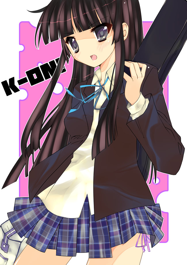 yu yu, akiyama mio, k-on!, 00s, 1girl, copyright name, female focus, guitar case, instrument case, panties, plaid clothes, plaid skirt, school uniform, side-tie panties, skirt, solo, underwear