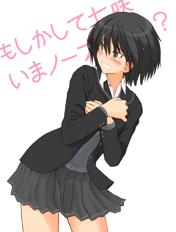 sasaki akira (ugc), nanasaki ai, amagami, 1girl, black hair, blush, embarrassed, female focus, hands on own chest, school uniform, short hair, skirt, solo, white background