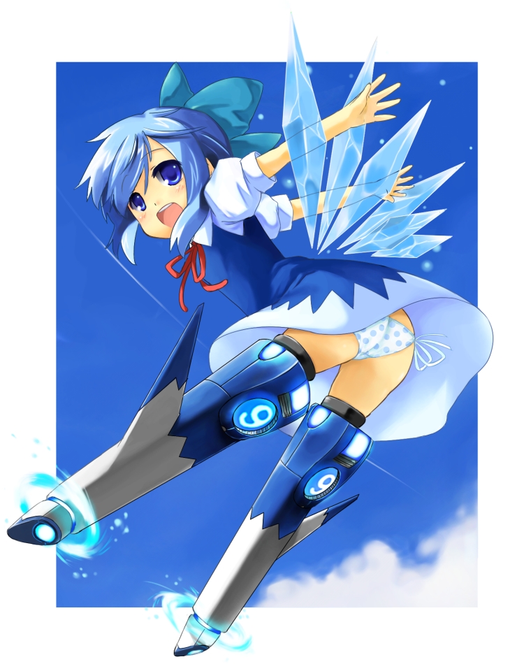 toichi, cirno, strike witches, touhou, world witches series, bad id, bad pixiv id, 1girl, ass, blue eyes, blue hair, bow, circled 9, female focus, hair bow, matching hair/eyes, panties, pantyshot, parody, polka dot, polka dot panties, short hair, side-tie panties, solo, striker unit, underwear, wings
