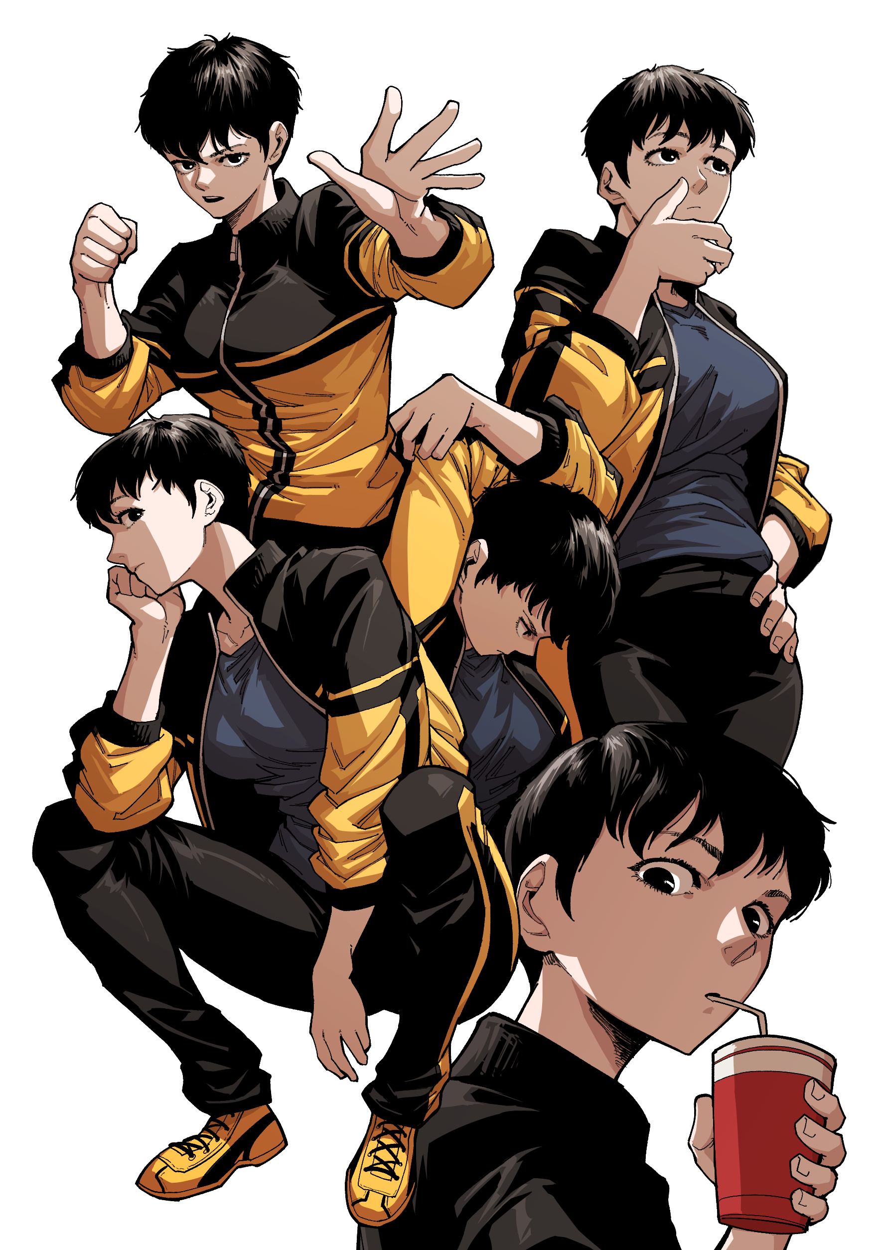 rocklobster52s, original, absurdres, highres, 1girl, black hair, drink, holding, holding drink, jacket, multiple views, open clothes, open jacket, shoes, short hair, simple background, sneakers, tomboy, white background