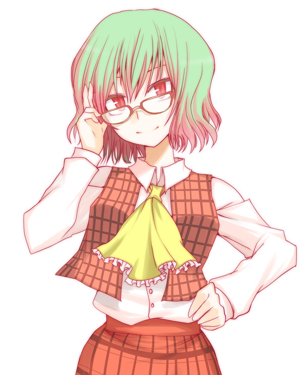 hane (hanegoya), kazami yuuka, touhou, 1girl, adjusting eyewear, ascot, bespectacled, blouse, female focus, glasses, gradient hair, green hair, head tilt, looking at viewer, multicolored hair, pink hair, plaid clothes, plaid skirt, plaid vest, red eyes, shirt, short hair, simple background, skirt, skirt set, slit pupils, smile, solo, two-tone hair, upper body, vest, white background