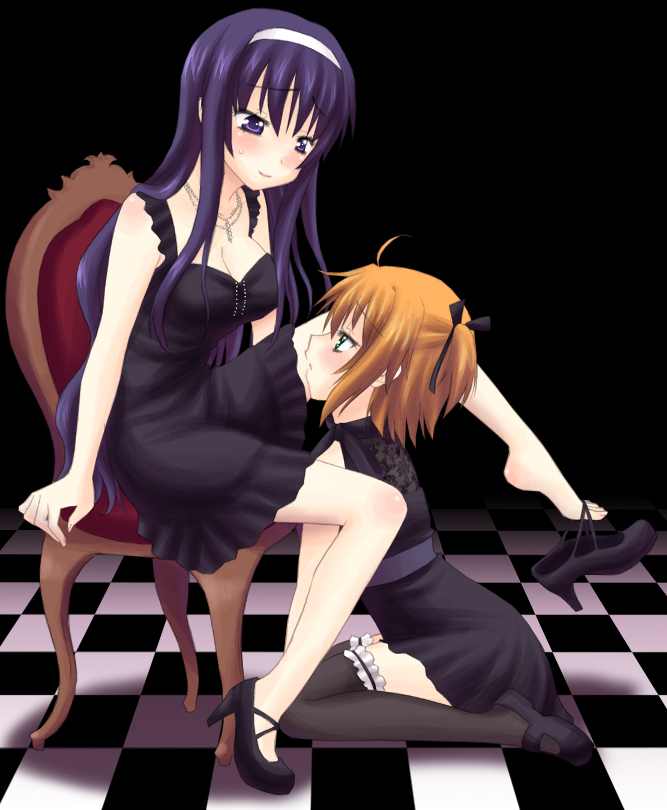 saki chisuzu, arisa bunnings, tsukimura suzuka, lyrical nanoha, mahou shoujo lyrical nanoha, frilled legwear, 00s, 2girls, barefoot, blush, dress, feet, high heels, kneeling, mary janes, multiple girls, shoe dangle, shoes, sitting, thighhighs, toes, yuri, zettai ryouiki