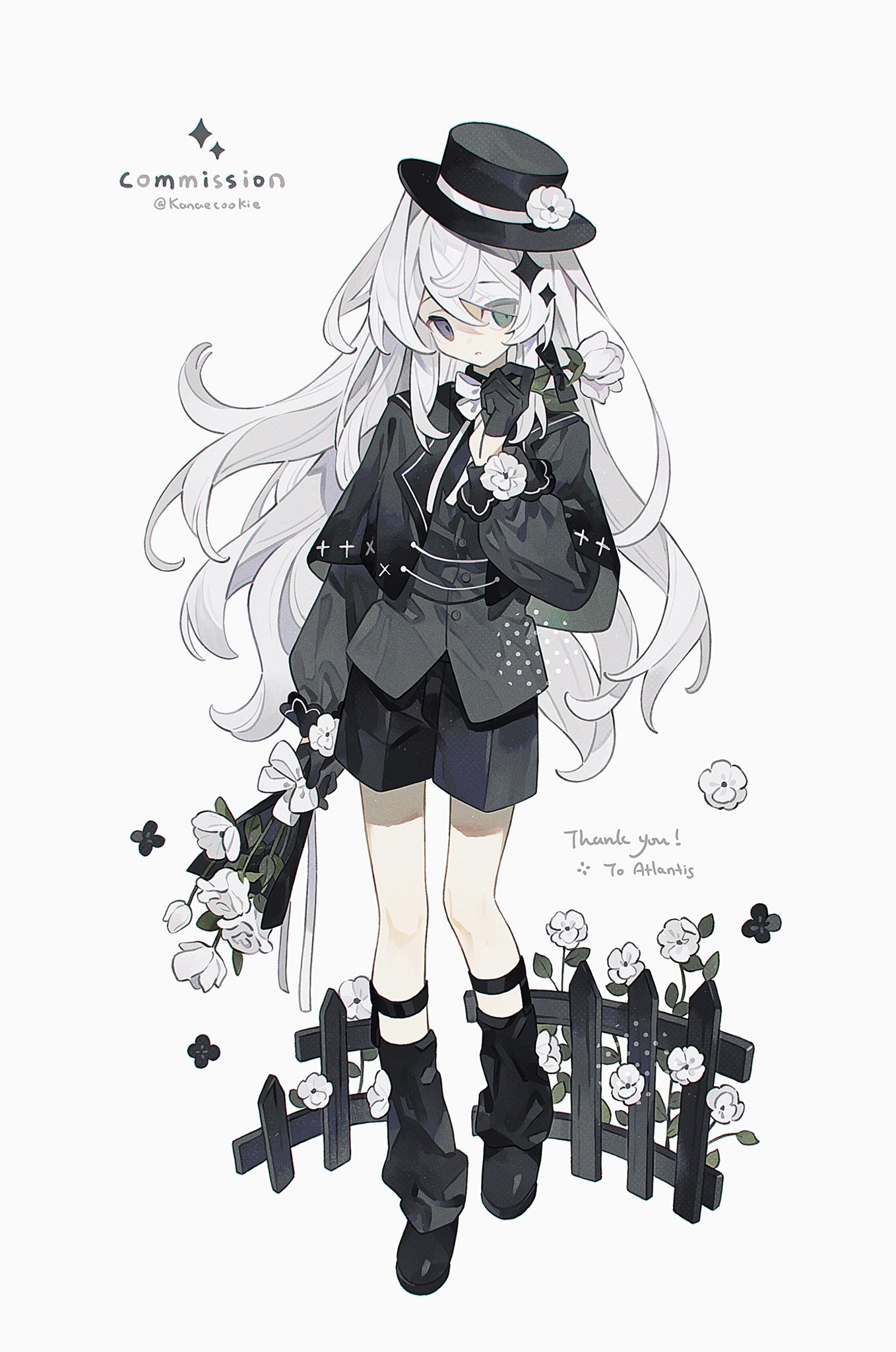 kanae (cookie), original, commission, highres, 1girl, black gloves, black hat, black jacket, black shoes, black shorts, black socks, bouquet, bow, bowtie, commissioner name, fence, flower, full body, gloves, green eyes, grey eyes, hand up, hat, hat flower, heterochromia, holding, holding bouquet, jacket, legwear garter, long hair, long sleeves, parted lips, rose, shoes, shorts, simple background, socks, solo, sparkle, standing, thank you, twitter username, white background, white bow, white bowtie, white flower, white hair, white rose