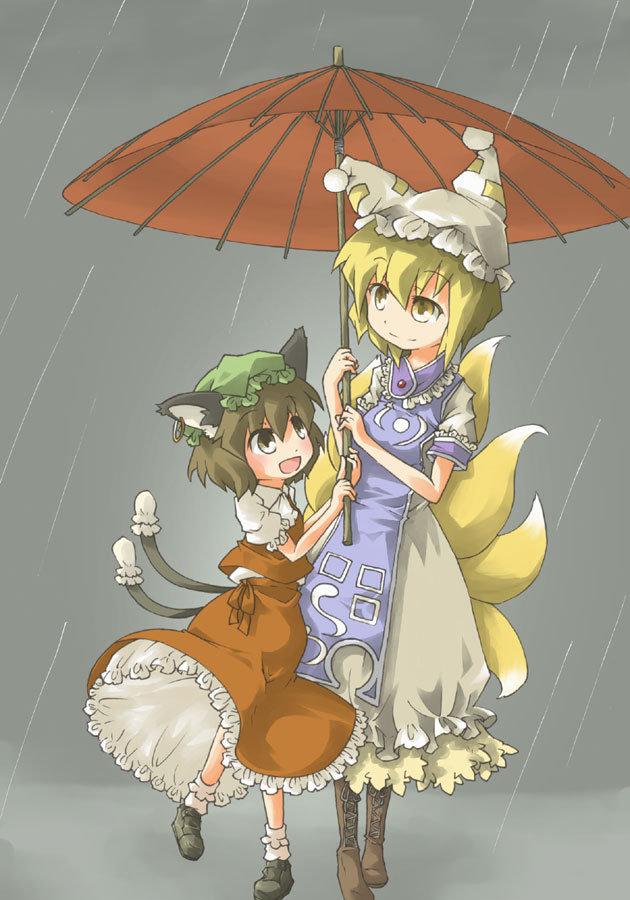 ara ta, harada (sansei rain), chen, yakumo ran, touhou, bad id, bad pixiv id, 2girls, animal ears, animal hat, blonde hair, boots, brown eyes, brown hair, cat ears, cat girl, cat tail, earrings, female focus, fox ears, fox tail, full body, hat, holding, holding umbrella, jewelry, kitsune, kyuubi, lace-up boots, mob cap, multiple girls, multiple tails, oil-paper umbrella, rain, shoes, short hair, short sleeves, single earring, socks, standing, tail, umbrella, yellow eyes