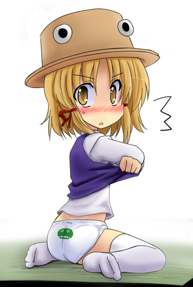 kazami ruku, wakimikoreimu, moriya suwako, touhou, bad id, bad pixiv id, 1girl, :<, ^^^, animal print, blonde hair, blush, feet, female focus, frog panties, frog print, hat, looking back, panties, print panties, short hair, sitting, socks, solo, tears, thighhighs, underwear, wariza, yellow eyes