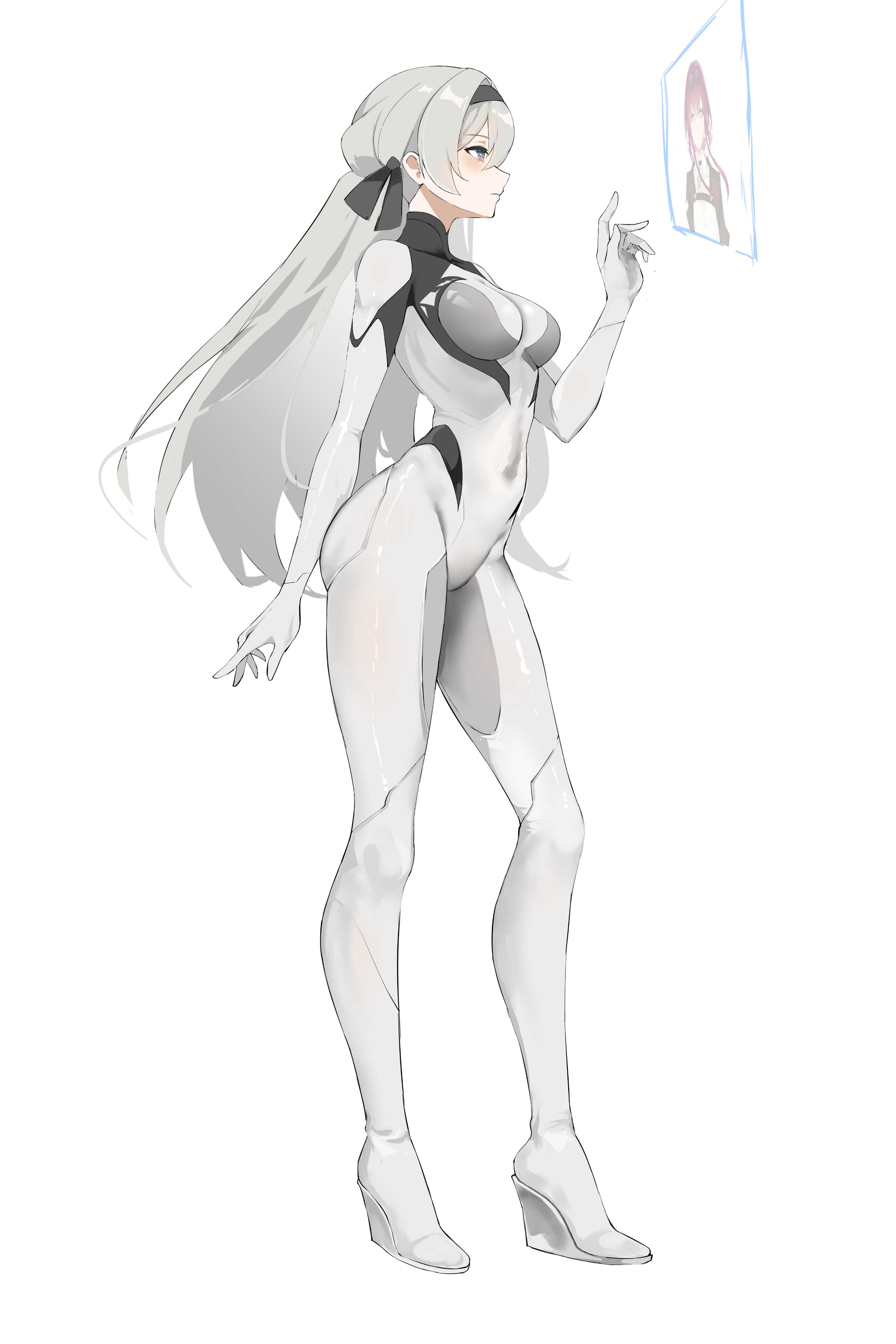 smurtz, firefly (ar-26710) (honkai: star rail), firefly (honkai: star rail), kafka (honkai: star rail), honkai: star rail, honkai (series), absurdres, commentary, english commentary, highres, 1girl, black hairband, bodysuit, grey bodysuit, grey hair, hairband, mecha pilot suit, multicolored eyes, official alternate costume, solo