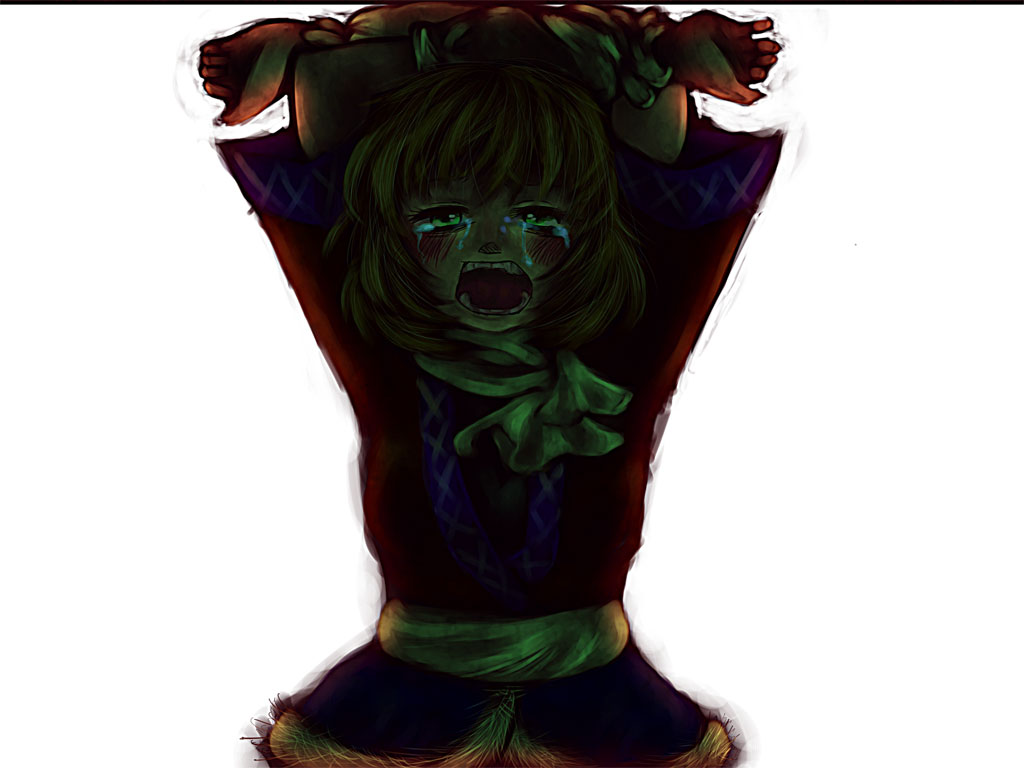 culotte (hosenrock), mizuhashi parsee, touhou, bad id, bad pixiv id, 1girl, arm warmers, blonde hair, blush, crying, crying with eyes open, female focus, green eyes, open mouth, scarf, short hair, solo, tears