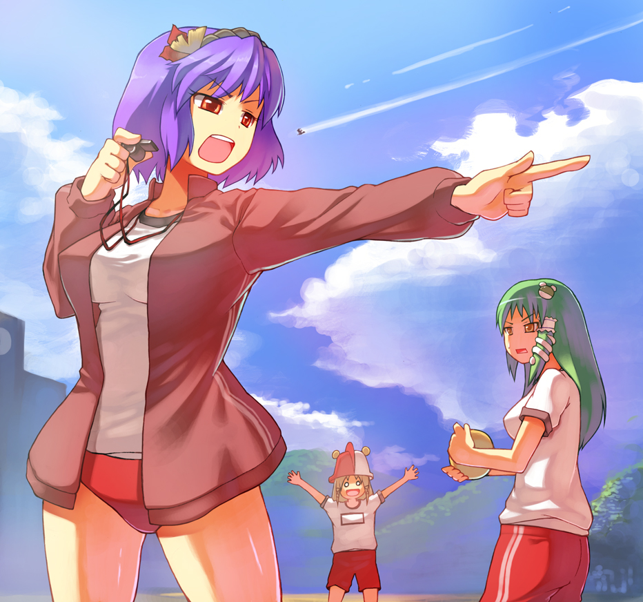 takeda kanryuusai, kirisame marisa, kochiya sanae, moriya suwako, yasaka kanako, touhou, bad id, bad pixiv id, 4girls, alternate costume, blonde hair, buruma, cloud, contemporary, day, female focus, frog, green hair, gym uniform, hairband, hat, multiple girls, purple hair, red eyes, rope, short hair, snake, whistle, yellow eyes