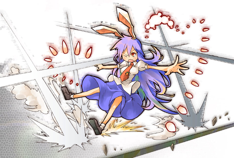 ara ta, harada (sansei rain), reisen udongein inaba, touhou, bad id, bad pixiv id, 1girl, animal ears, bullet, carrot, danmaku, female focus, necktie, outstretched arms, rabbit ears, red necktie, solo, spread arms, tie clip