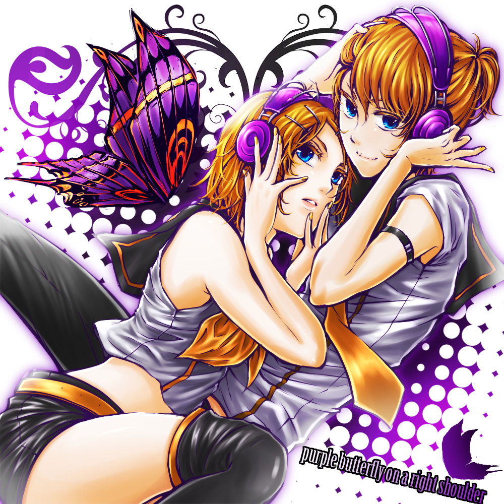 chry, chry (112ch), kagamine len, kagamine rin, migikata no chou (vocaloid), vocaloid, bad id, bad pixiv id, 1boy, 1girl, blonde hair, blue eyes, brother and sister, butterfly wings, hair ornament, hairclip, headphones, insect wings, multicolored wings, necktie, short hair, shorts, siblings, smile, thighhighs, twins, wings