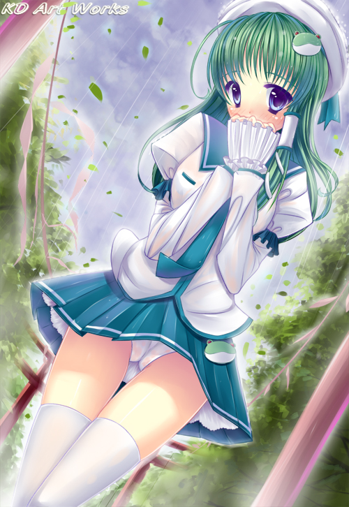 caidychen, kochiya sanae, touhou, bad id, bad pixiv id, 1girl, blue eyes, cameltoe, female focus, frog, green hair, hair ornament, hat, lingerie, long hair, looking at viewer, panties, pantyshot, petticoat, rain, shide, solo, thighhighs, underwear, upskirt, wet, wet clothes