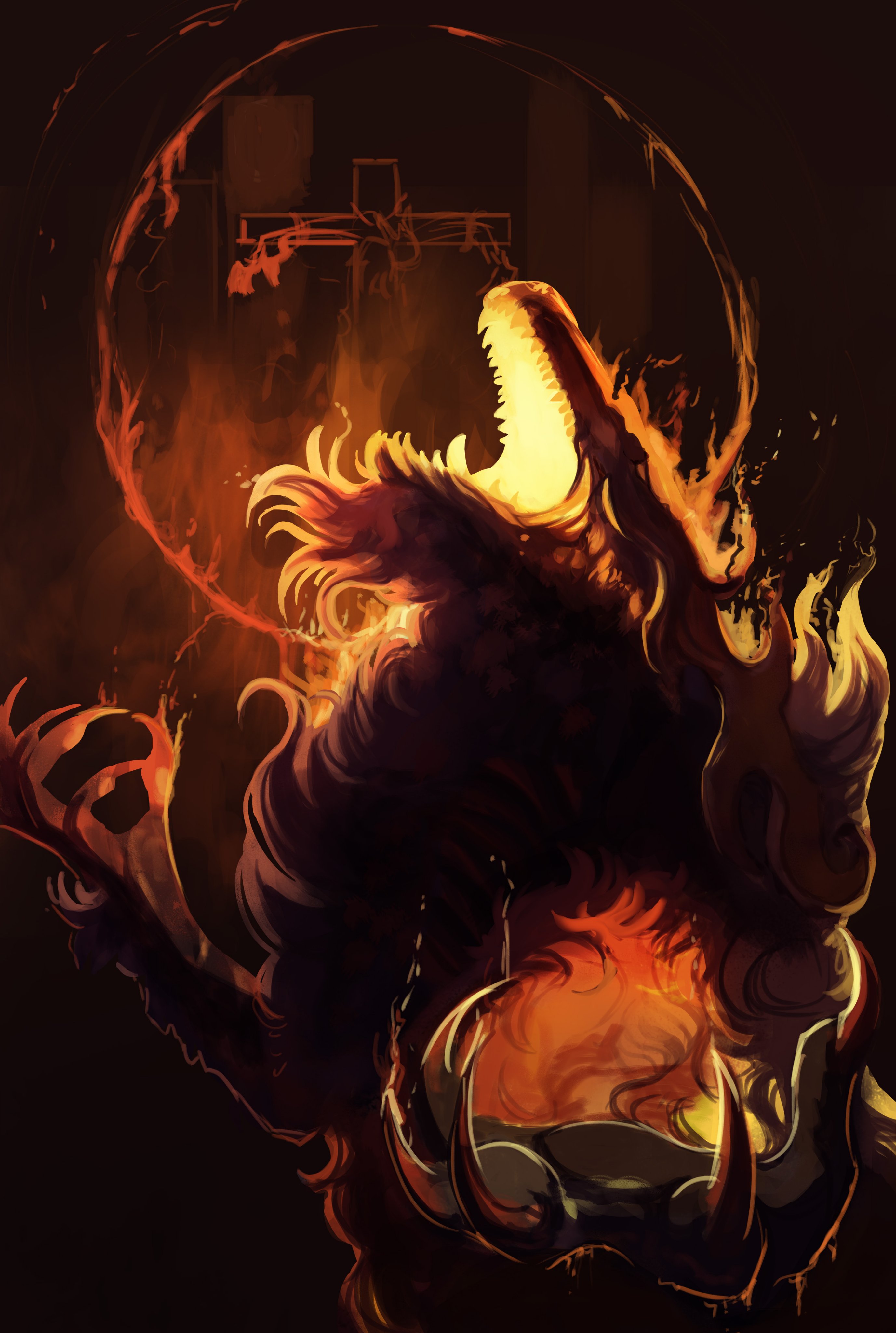 laurence the first vicar, bloodborne, absurdres, commentary, english commentary, highres, 1boy, antlers, burning, claws, cross, fingernails, fire, glowing, glowing mouth, horns, long claws, long hair, lucithen0, monster, open mouth, roaring, sharp fingernails, sharp teeth, solo, standing, teeth
