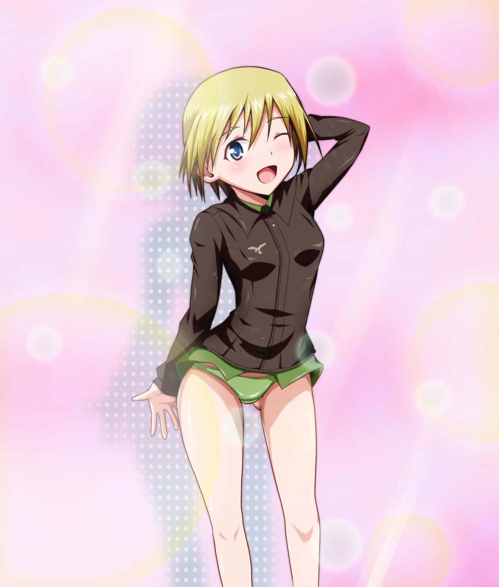 nechotakax2, erica hartmann, strike witches, world witches series, uniform, 00s, 1girl, blonde hair, blue eyes, female focus, panties, short hair, solo, underwear