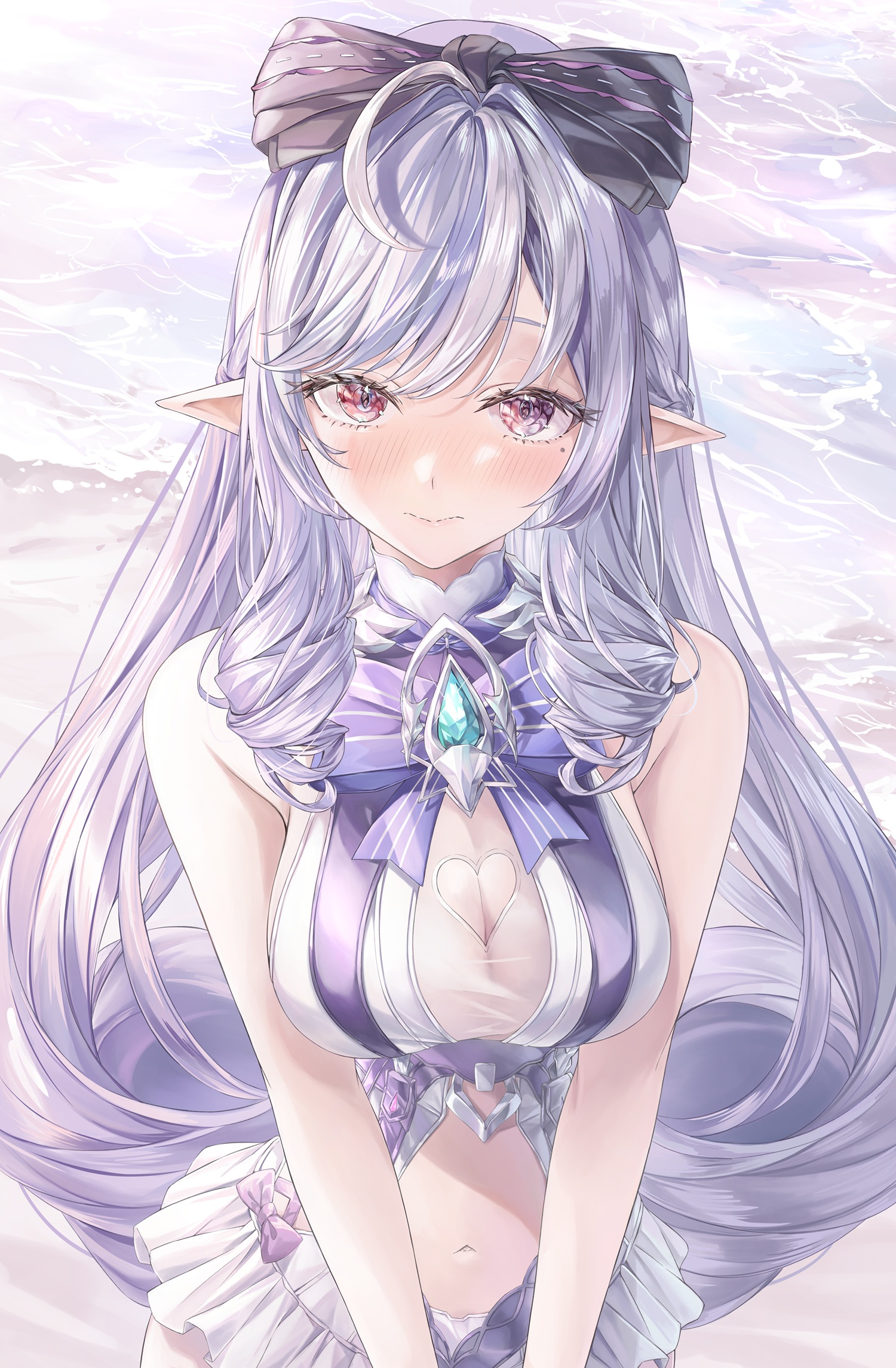 mizuasagi35181, vivian banshee, vivian banshee (iris of the shore), zenless zone zero, commentary, highres, 1girl, bare shoulders, beach, blue gemstone, blush, bow, bowtie, breasts, closed mouth, clothing cutout, drill hair, drill sidelocks, frilled one-piece swimsuit, frills, gem, heart cutout, looking at viewer, mole, mole under eye, ocean, official alternate costume, one-piece swimsuit, pointy ears, purple bow, purple bowtie, purple hair, red eyes, see-through clothes, sidelocks, solo, swimsuit, two-tone one-piece swimsuit, white background