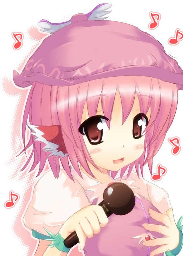 kyasurei, mystia lorelei, touhou, 1girl, animal ears, female focus, hat, microphone, music, musical note, pink hair, short hair, singing, solo, upper body