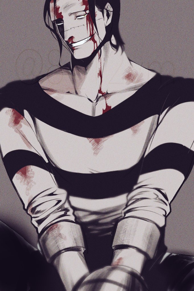1natsu (8 12ym), crocodile (one piece), one piece, commentary request, 1boy, blood, blood on clothes, blood on face, collarbone, grin, long sleeves, looking at viewer, male focus, monochrome, prison clothes, sitting, smile, solo, stitched face, stitches