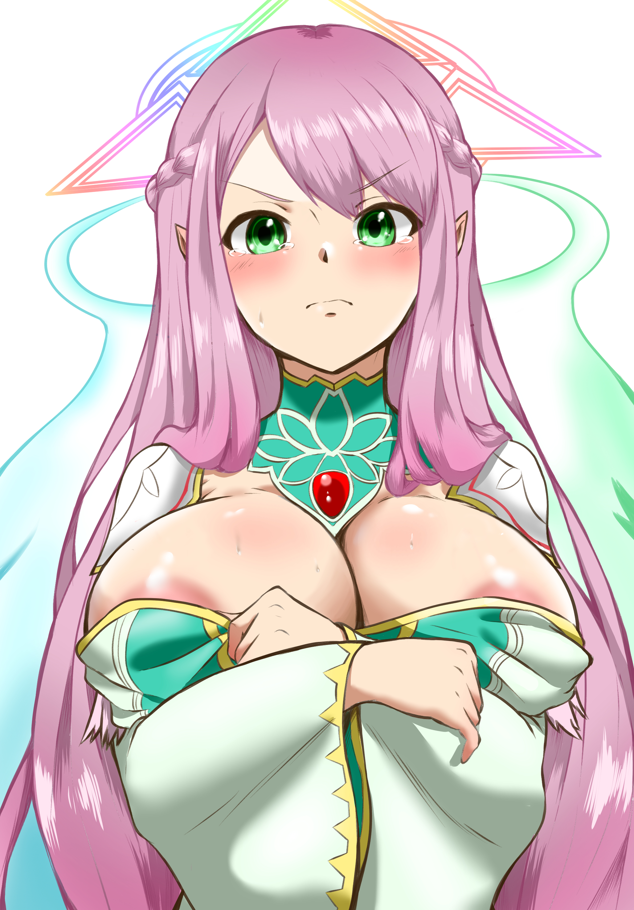 binah (monster strike), monster strike, absurdres, highres, 1girl, areola slip, blush, braid, breasts, cleavage, closed mouth, covering privates, green eyes, huge breasts, long hair, pink hair, pointy ears, simple background, solo, sweat, upper body, user emhp8723, white background