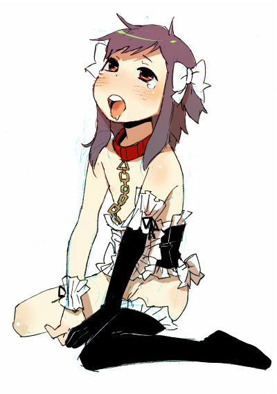 mago, koga norio, narutaru, bad id, bad pixiv id, 1boy, androgynous, asymmetrical clothes, blush, chain, chain leash, collar, corset, flat chest, hair ribbon, kneeling, leash, male focus, ribbon, single thighhigh, solo, tears, thighhighs, trap