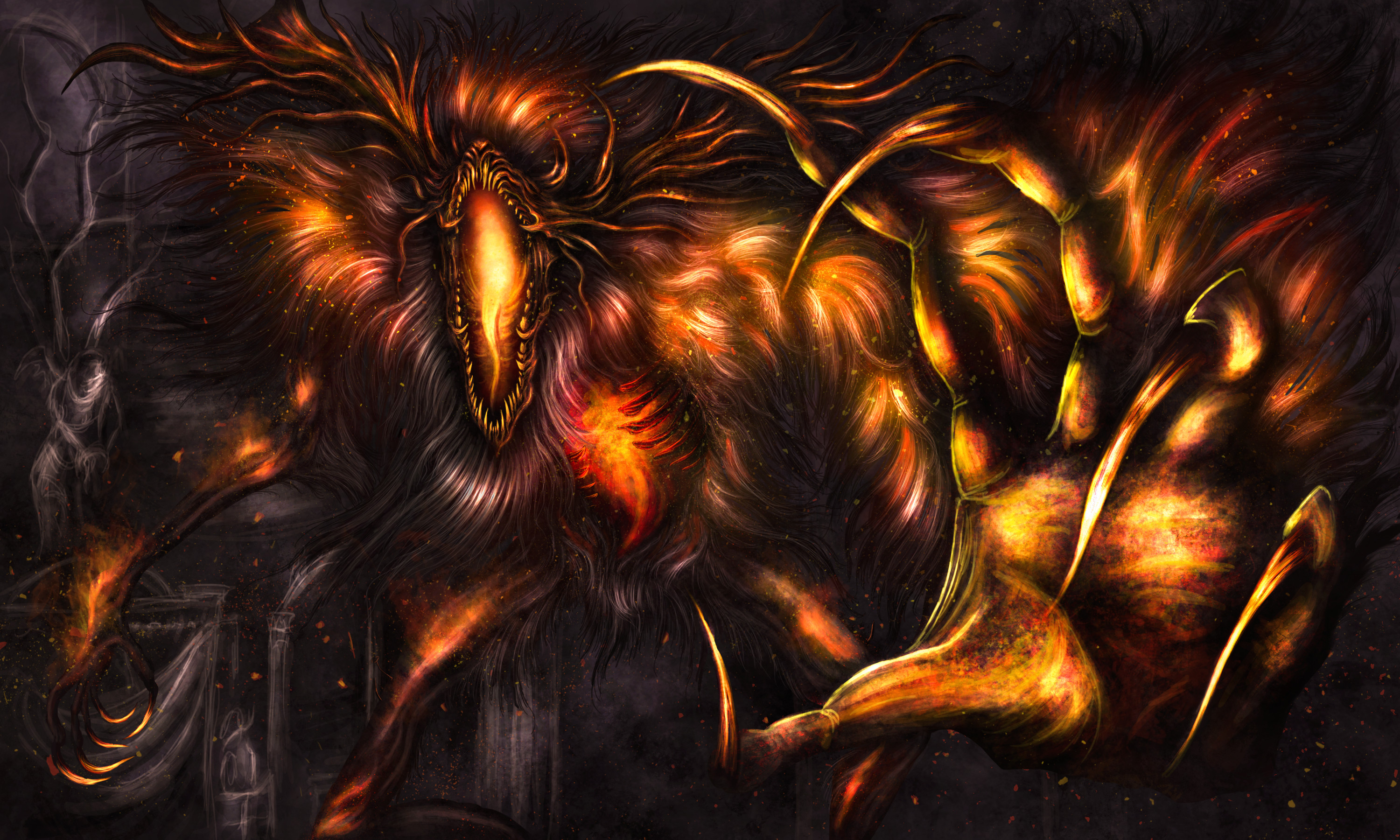 laurence the first vicar, bloodborne, commentary, english commentary, highres, 1boy, antlers, burning, claws, fingernails, fire, glowing, glowing mouth, horns, long claws, long hair, monster, no eyes, open mouth, reaching, reaching towards viewer, ribs, solo, standing, svartya