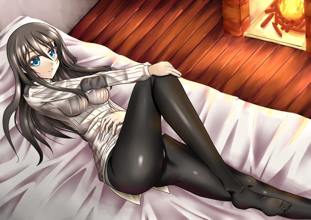 ao (time-leap), elizabeth f. beurling, strike witches, strike witches: suomus misfits squadron, world witches series, bad id, bad pixiv id, 00s, 1girl, ass, bed, blue eyes, breasts, brown hair, female focus, fire, fireplace, long hair, medium breasts, panties, panties under pantyhose, pantyhose, solo, sweater, underwear