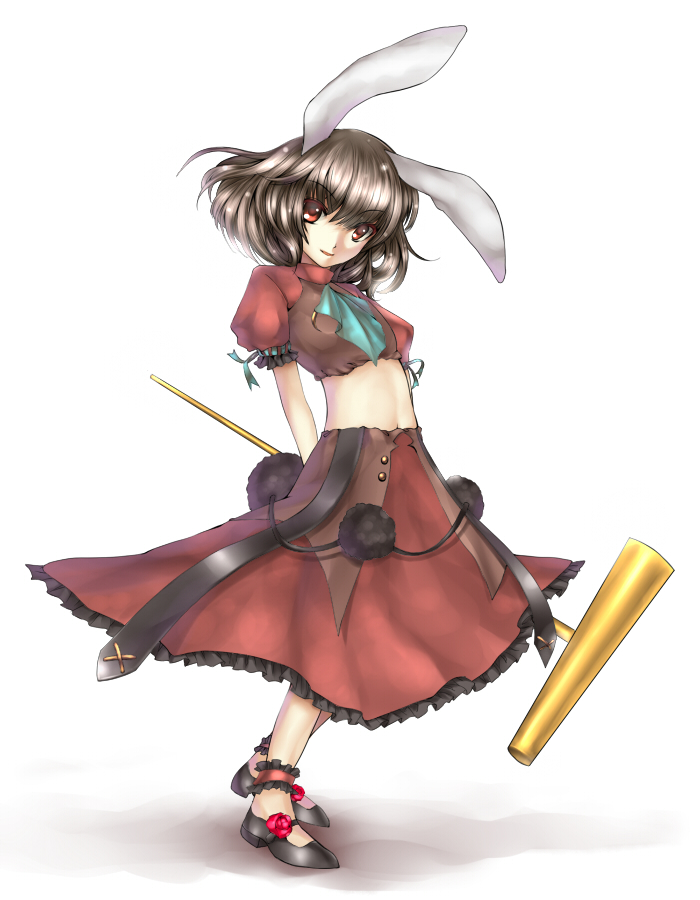 takemori shintarou, inaba tewi, touhou, bad id, bad pixiv id, 1girl, alternate costume, animal ears, brown hair, female focus, full body, hammer, midriff, rabbit ears, short hair, solo, standing, white background, yellow eyes