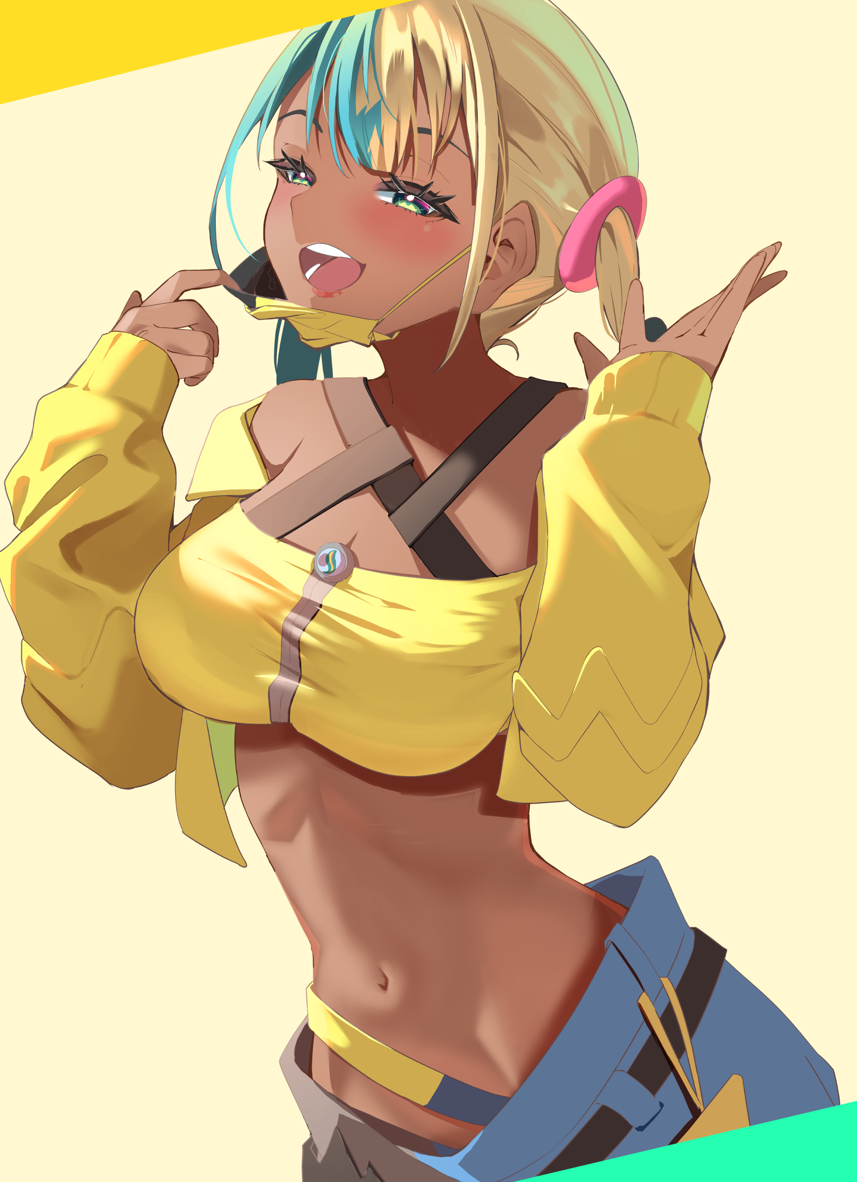momdy (talesshinja), canari (pokemon), nintendo, pokemon, pokemon legends: z-a, absurdres, highres, 1girl, aqua hair, bandeau, black mask, black pants, blonde hair, blue eyes, blue pants, blush, breasts, center-flap bangs, criss-cross straps, dark-skinned female, dark skin, jacket, large breasts, long sleeves, looking at viewer, mask, mask pull, mouth mask, multicolored hair, navel, open mouth, pants, short twintails, simple background, smile, solo, split-color hair, sports bra, teeth, twintails, two-tone hair, two-tone mask, two-tone pants, yellow bandeau, yellow jacket, yellow mask, yellow sports bra