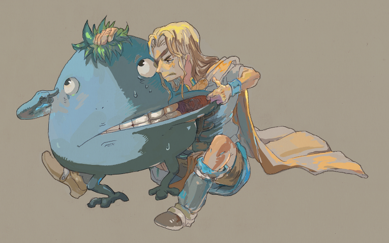 ichito (pixiv164062), ichito (pyxis), dalton, nu (chrono trigger), chrono (series), chrono trigger, bad id, bad pixiv id, 1990s (style), 1boy, blonde hair, boots, cape, eyepatch, long hair, monster, sweat, teeth