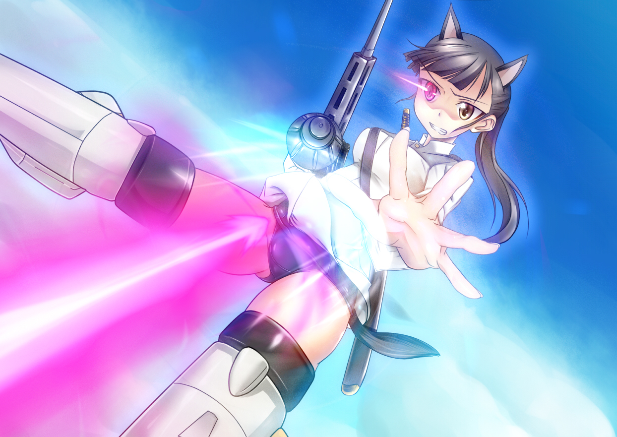 ao (time-leap), sakamoto mio, strike witches, world witches series, bad id, bad pixiv id, 00s, 1girl, animal ears, black hair, breasts, female focus, gun, medium breasts, no pants, one-piece swimsuit, school swimsuit, solo, striker unit, swimsuit, swimsuit under clothes, sword, tail, weapon