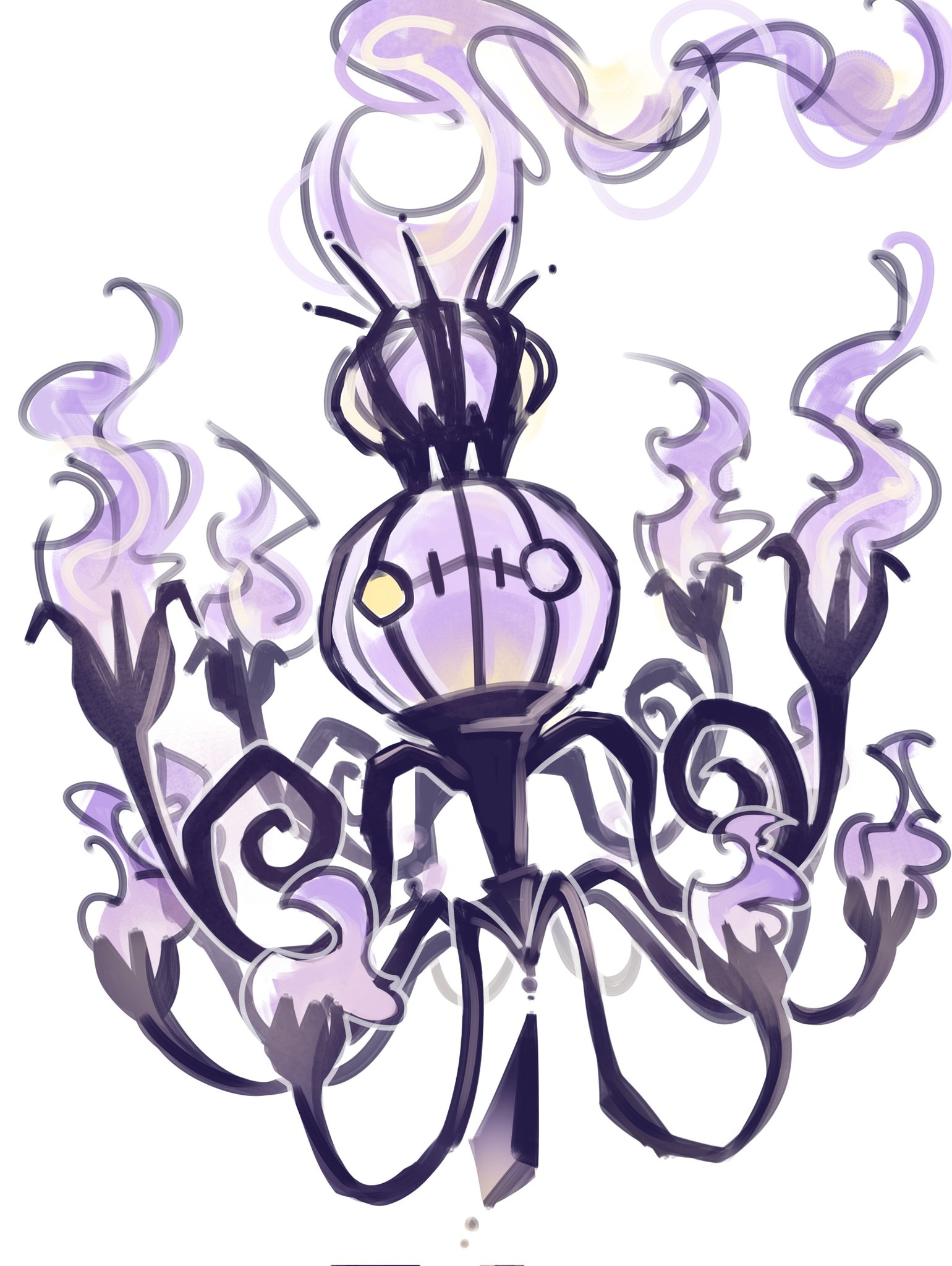chandelure, mega chandelure, nintendo, pokemon, highres, chandelier, crown, fire, gen 5 pokemon, ghost, httpsraine, mega pokemon, mini crown, mismatched eyes, no humans, pokemon (creature), pokemon focus, purple fire, yellow eyes