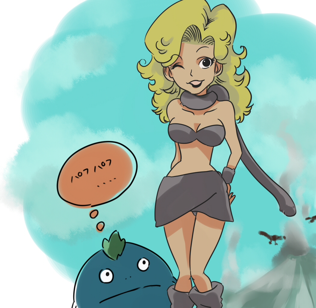 freckle, furekuru (freckle), ayla (chrono trigger), nu (chrono trigger), chrono (series), chrono trigger, bad id, bad pixiv id, 1990s (style), 1girl, freckles