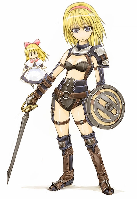 cervus, alice margatroid, shanghai doll, final fantasy, final fantasy xi, square enix, the iron of yin and yang, touhou, bad id, bad pixiv id, 00s, 2girls, armor, blonde hair, blue eyes, doll, female focus, hairband, multiple girls, ribbon, shield, short hair, sword, weapon